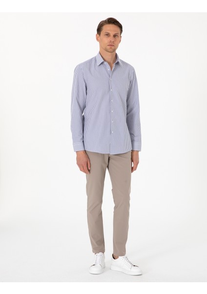 Erkek Mavi Slim Fit Çizgili Uzun Kollu Gömlek 50307142-VR036