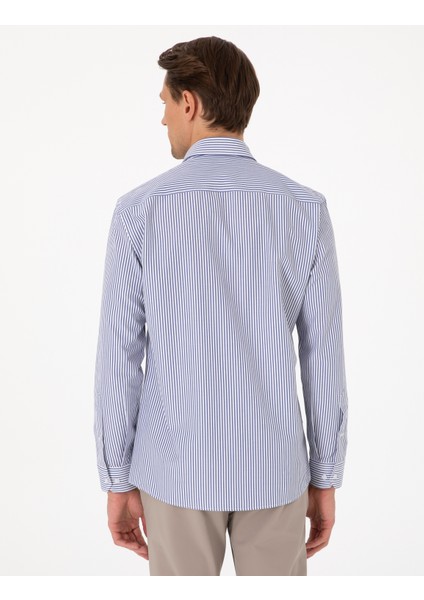 Erkek Mavi Slim Fit Çizgili Uzun Kollu Gömlek 50307142-VR036