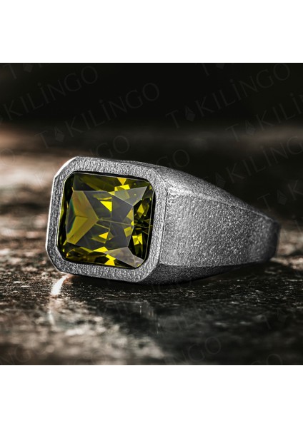 925 Ayar Gümüş Oksitli Yeşil Peridot Olivin Taşlı Sade Erkek Yüzük
