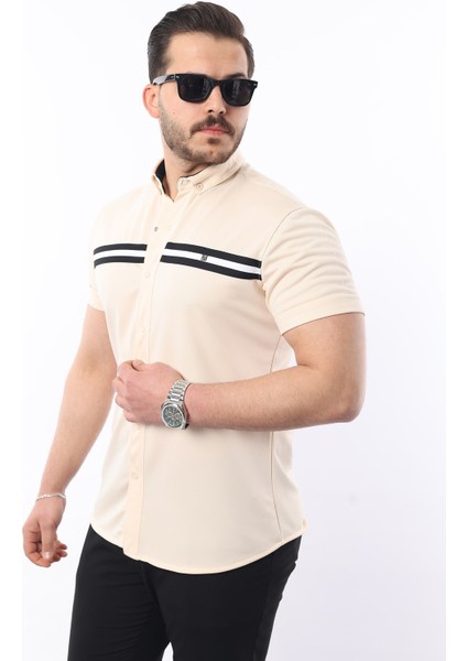 Erkek Kısa Kollu Slim Fit Yazlık Çift Çizgili Gömlek modelleri