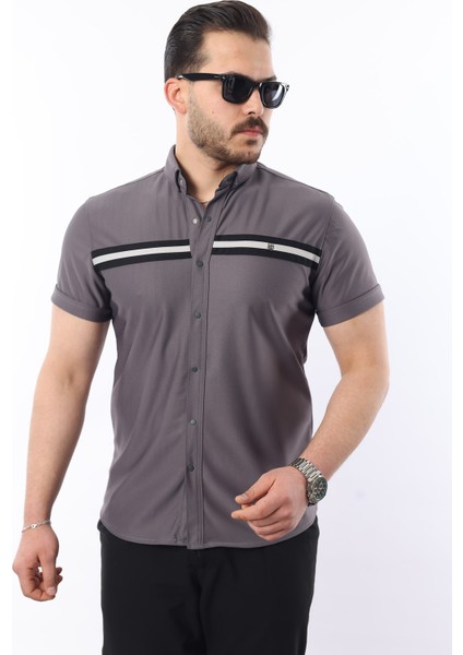 Erkek Kısa Kollu Slim Fit Yazlık Çift Çizgili Gömlek