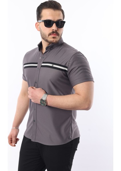 Erkek Kısa Kollu Slim Fit Yazlık Çift Çizgili Gömlek modelleri