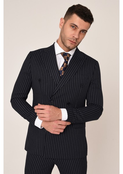 Lacivert Beyaz Çizgili,kruvaze Takım Elbise Slim Fit Italyan Stil | Agustini fiyatları