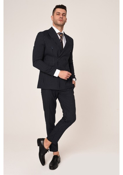 Lacivert Beyaz Çizgili,kruvaze Takım Elbise Slim Fit Italyan Stil | Agustini modelleri