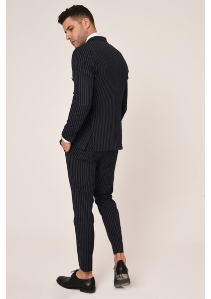 Lacivert Beyaz Çizgili,kruvaze Takım Elbise Slim Fit Italyan Stil | Agustini fırsatları