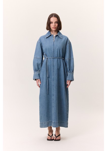 Manşet Detaylı Denım Elbise Açık Mavi