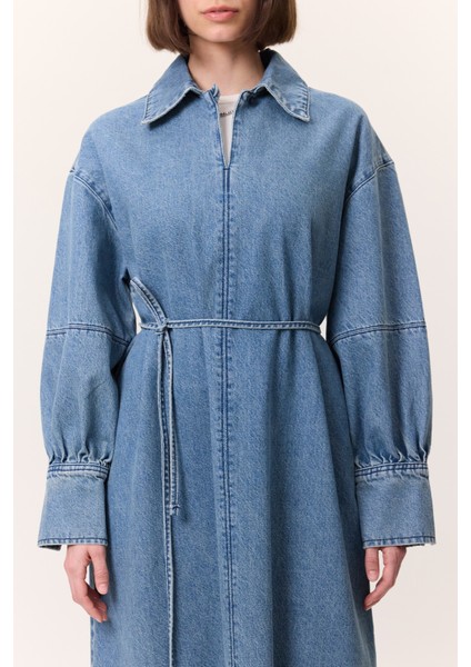 Manşet Detaylı Denım Elbise Açık Mavi modelleri