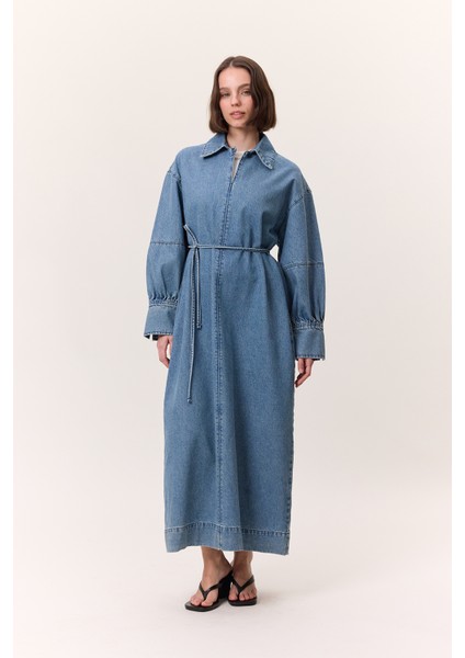 Manşet Detaylı Denım Elbise Açık Mavi indirimleri