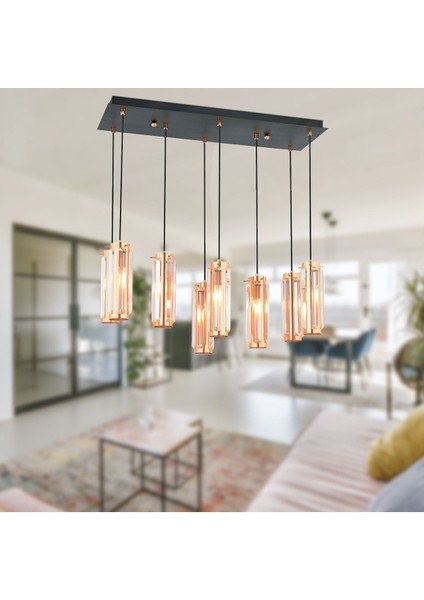 Natali 8li Sıralı Bakır Sarkıt Salon- Yemek Masası Avize