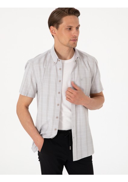 Erkek Bej Regular Fit Kareli Kısa Kollu Gömlek 50307083-VR011
