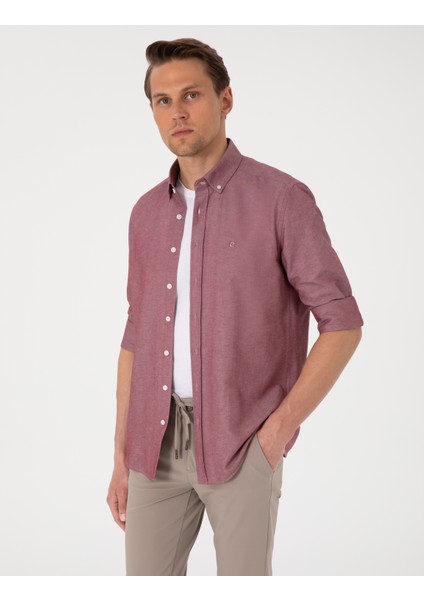 Erkek Bordo Oxford Slim Fit Kolay Ütülenebilir Gömlek 50306996-VR014