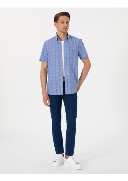 Erkek Mavi Regular Fit Kareli Kısa Kollu Gömlek 50307083-VR036