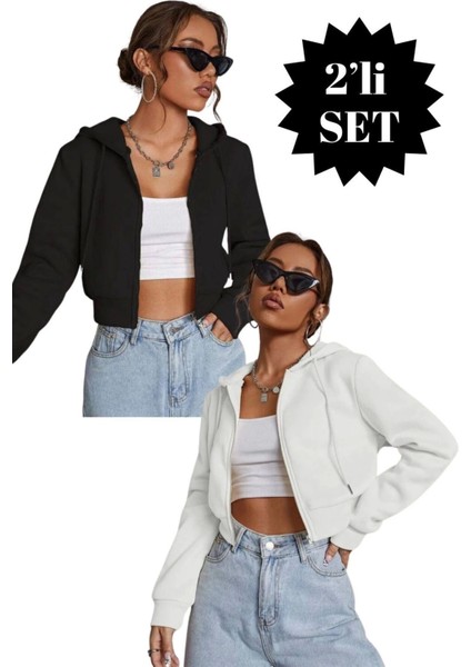 Kadın Siyah Beyaz 2’li Fitted Crop Kapşonlu Zip Fermuarlı Polar Hırka Sweatshirt