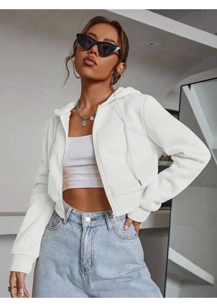 Kadın Siyah Beyaz 2’li Fitted Crop Kapşonlu Zip Fermuarlı Polar Hırka Sweatshirt fiyatları
