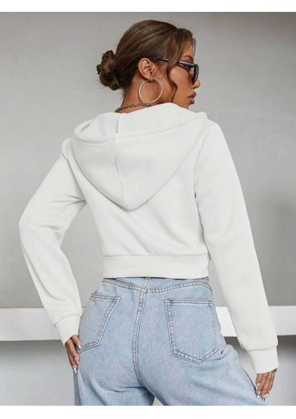 Kadın Siyah Beyaz 2’li Fitted Crop Kapşonlu Zip Fermuarlı Polar Hırka Sweatshirt modelleri