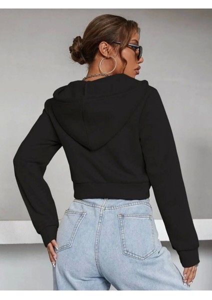 Kadın Siyah Beyaz 2’li Fitted Crop Kapşonlu Zip Fermuarlı Polar Hırka Sweatshirt indirimleri
