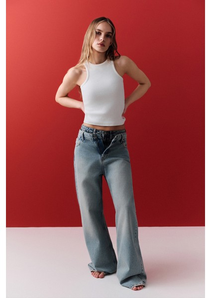 Orta Bel Loose Fıt Jean Koyu Mavi