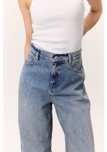 Orta Bel Loose Fıt Jean Koyu Mavi indirimleri
