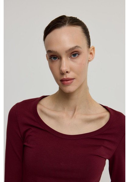 Kadın Bordo U Yaka Uzun Kollu T-Shirt modelleri