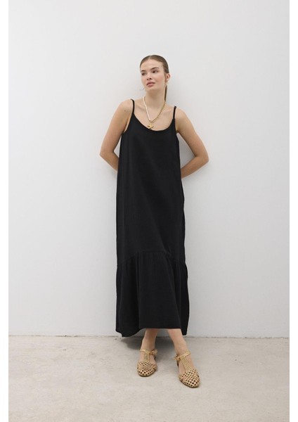 Askı Ayarlı Oversize Müslin Elbise Siyah