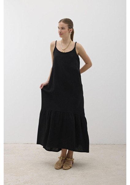 Askı Ayarlı Oversize Müslin Elbise Siyah