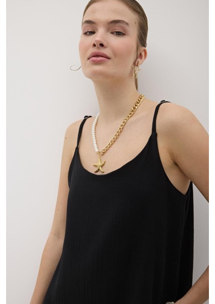 Askı Ayarlı Oversize Müslin Elbise Siyah