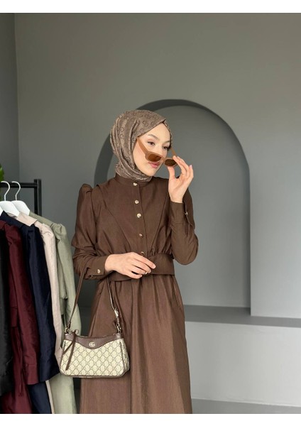 Kadın Büzgülü Balon Kol Düğmeli Uzun Elbise