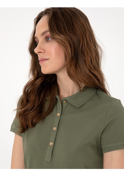 Kadın Haki Regular Fit Pamuklu Polo Yaka Basic Tişört 50305776-VR027