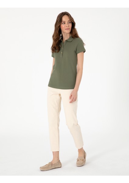 Kadın Haki Regular Fit Pamuklu Polo Yaka Basic Tişört 50305776-VR027