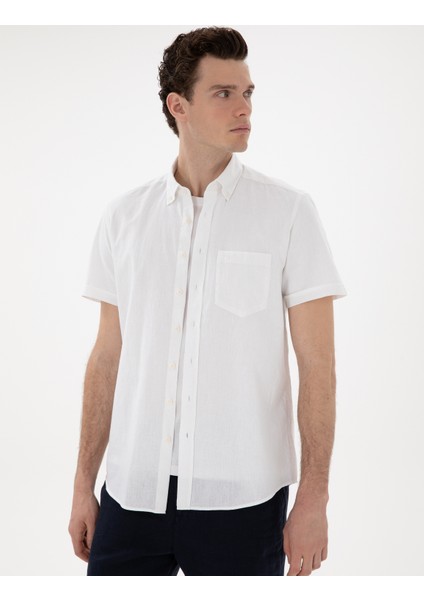 Erkek Beyaz Regular Fit Keten Karışımlı Kısa Kollu Gömlek 50284166-VR013 modelleri