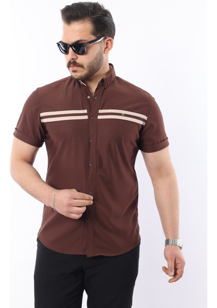 Erkek Kısa Kollu Slim Fit Yazlık Çift Çizgili Gömlek modelleri
