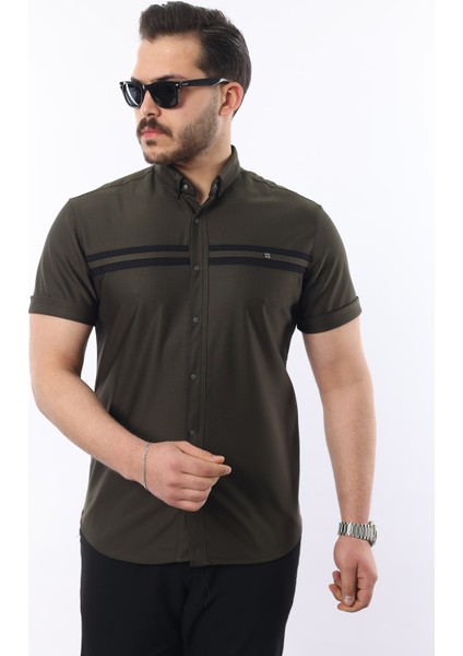 Erkek Kısa Kollu Slim Fit Yazlık Çift Çizgili Gömlek