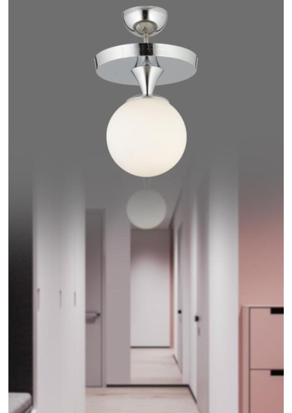 Ahu Tekli Gümüş Plafonyer Beyaz Glop Camlı Avize