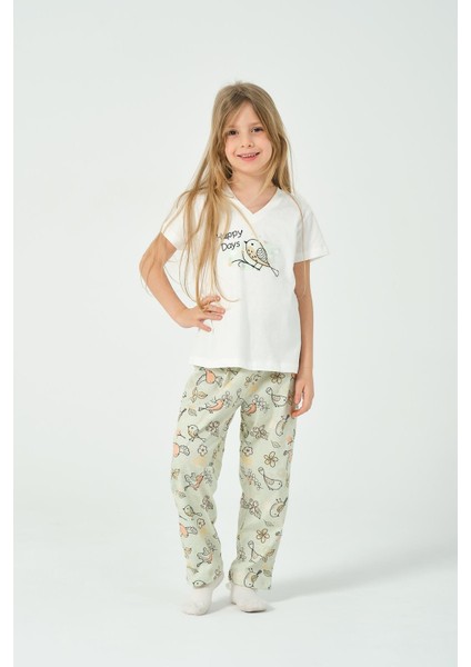 Kız Çocuk Kuş Desenli Kısa Kollu Pijama Takımı