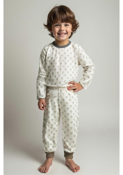 Unisex Çocuk Desenli Pijama Takımı - Bej