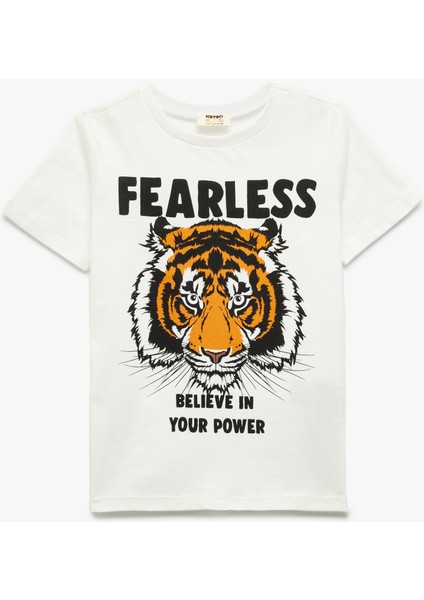 Pamuklu Kaplan Baskılı Kısa Kollu Bisiklet Yaka Tişört