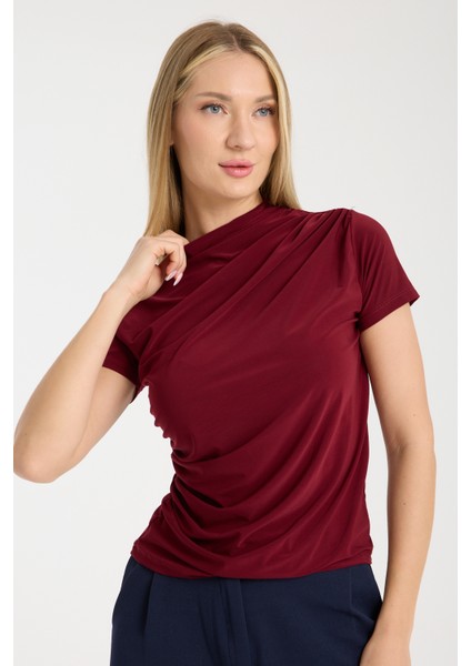 Bordo Kısa Kollu Büzgülü Bluz
