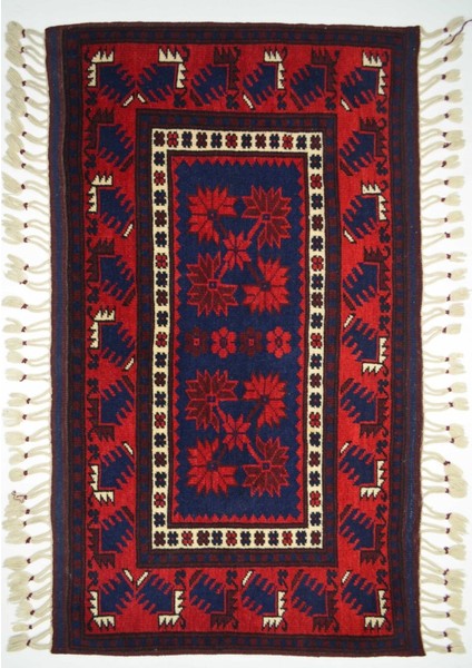El Dokuma Lacivert Kırmızı Renk Yağcıbedir Halısı 57 x 108 cm (0.61 M²)