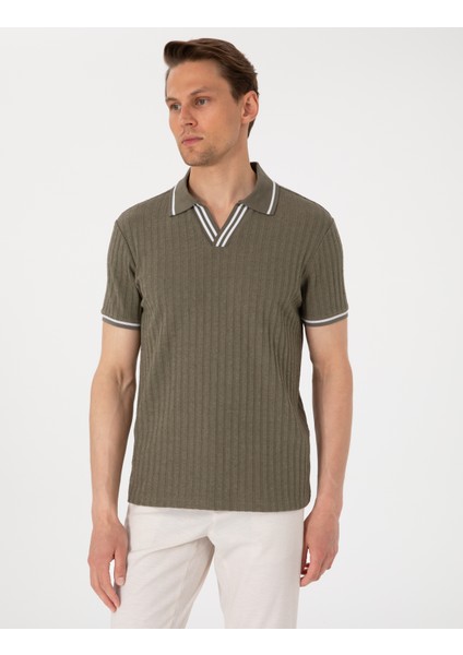 Erkek Haki Slim Fit Örme Dokulu Polo Yaka Tişört 50310162-VR027