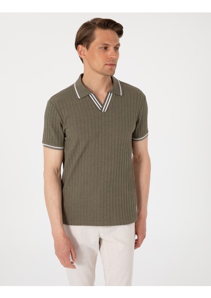 Erkek Haki Slim Fit Örme Dokulu Polo Yaka Tişört 50310162-VR027