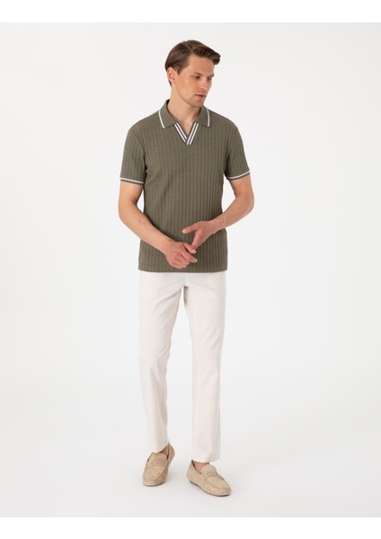 Erkek Haki Slim Fit Örme Dokulu Polo Yaka Tişört 50310162-VR027