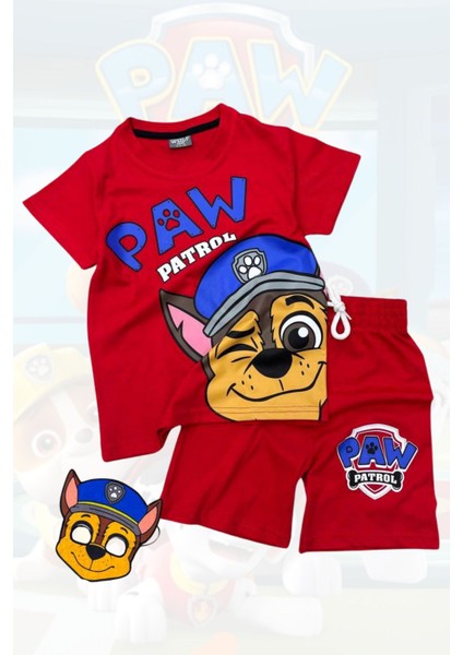 Baskılı Tişört Şort ve Paw Patrol Chase Maskeli Kırmızı Renk Çocuk Takım