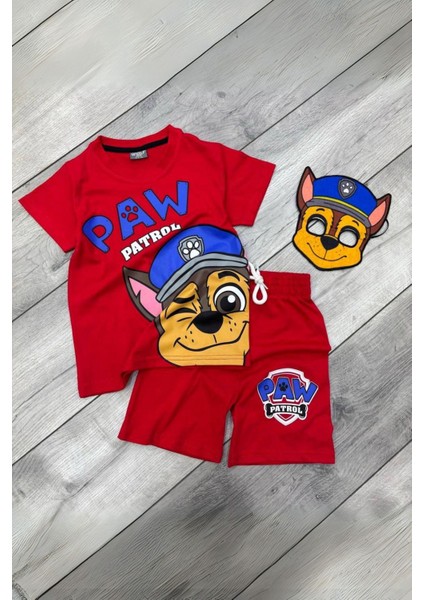 Baskılı Tişört Şort ve Paw Patrol Chase Maskeli Kırmızı Renk Çocuk Takım fiyatları