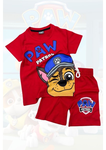 Baskılı Tişört Şort ve Paw Patrol Chase Maskeli Kırmızı Renk Çocuk Takım modelleri
