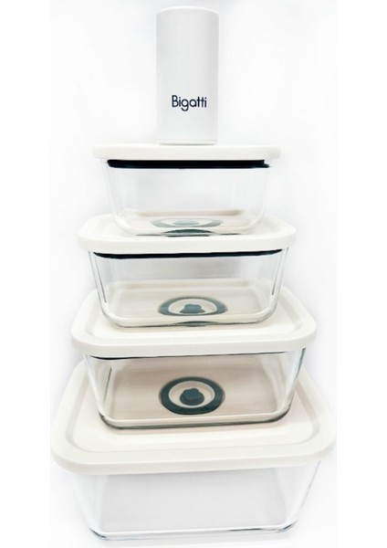 4'lü Cam Saklama Kabı ve Vakumlu Pompa Seti, Bej, 9 Parça