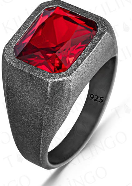 925 Ayar Gümüş Oksitli Kırmızı Zirkon Taşlı Sade Erkek Yüzük fiyatları
