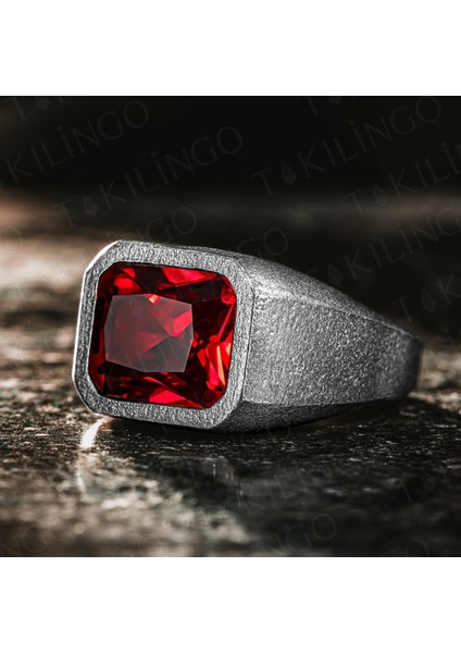 925 Ayar Gümüş Oksitli Kırmızı Zirkon Taşlı Sade Erkek Yüzük modelleri