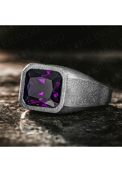 925 Ayar Gümüş Oksitli Mor Ametist Taşlı Sade Erkek Yüzük