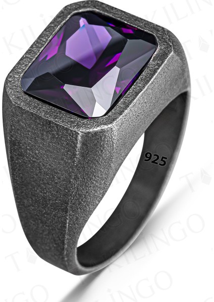 925 Ayar Gümüş Oksitli Mor Ametist Taşlı Sade Erkek Yüzük fiyatları