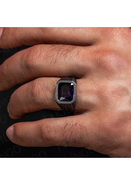 925 Ayar Gümüş Oksitli Mor Ametist Taşlı Sade Erkek Yüzük modelleri